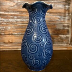 Vintage Indigo Blue Spiral Design Ruffle Top Ceramic Vase
